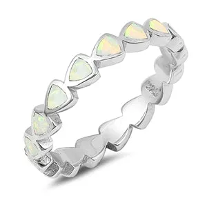 925 Sterling Silver Hearts Eternity Ring With Blue Opal Inlay- Stackable