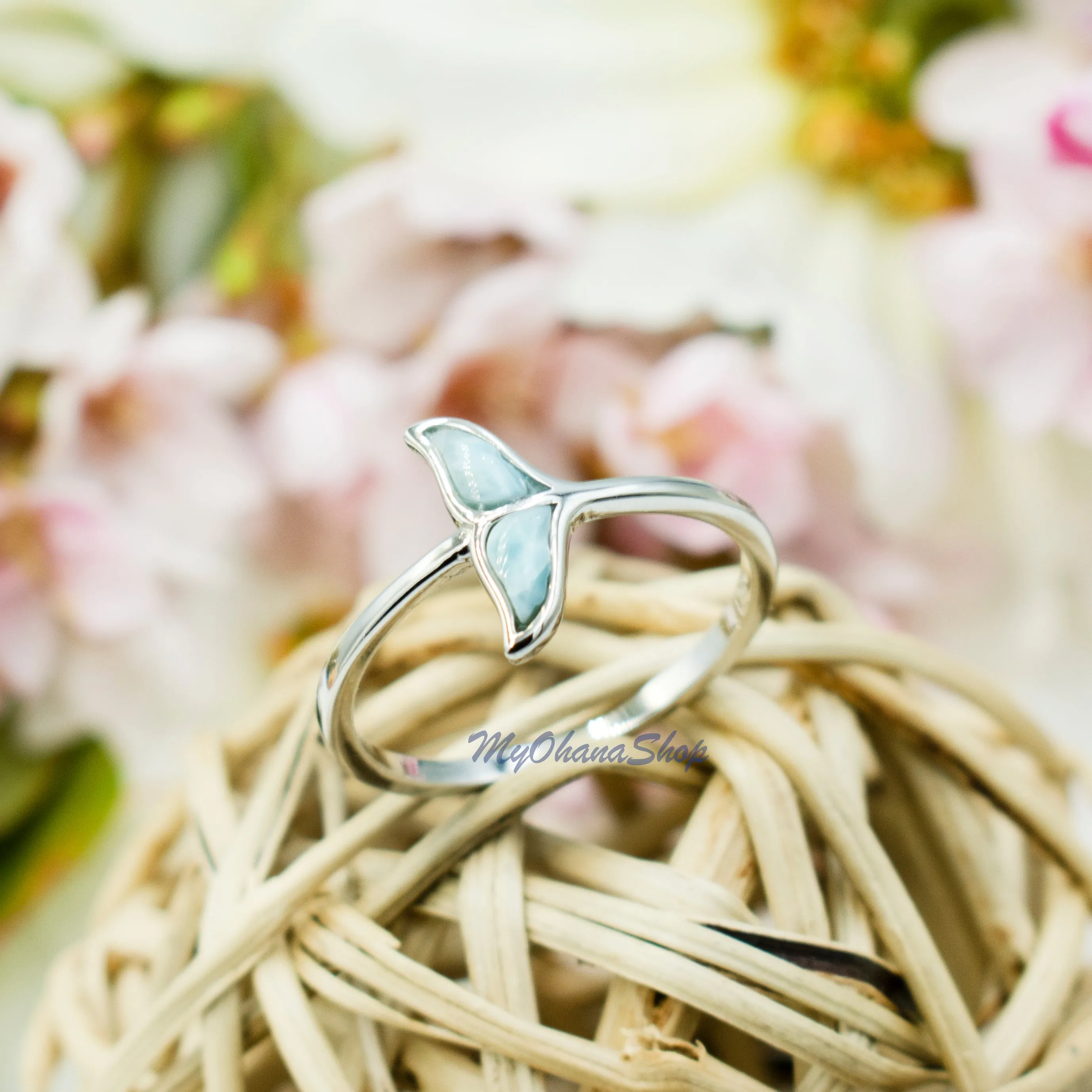 925 Sterling Silver Whale Tail Ring With Genuine Larimar Inlay. Orca Whale Tail Ring For Pinky, Index, Thumb, Ring Finger. Sea Life Jewelry.