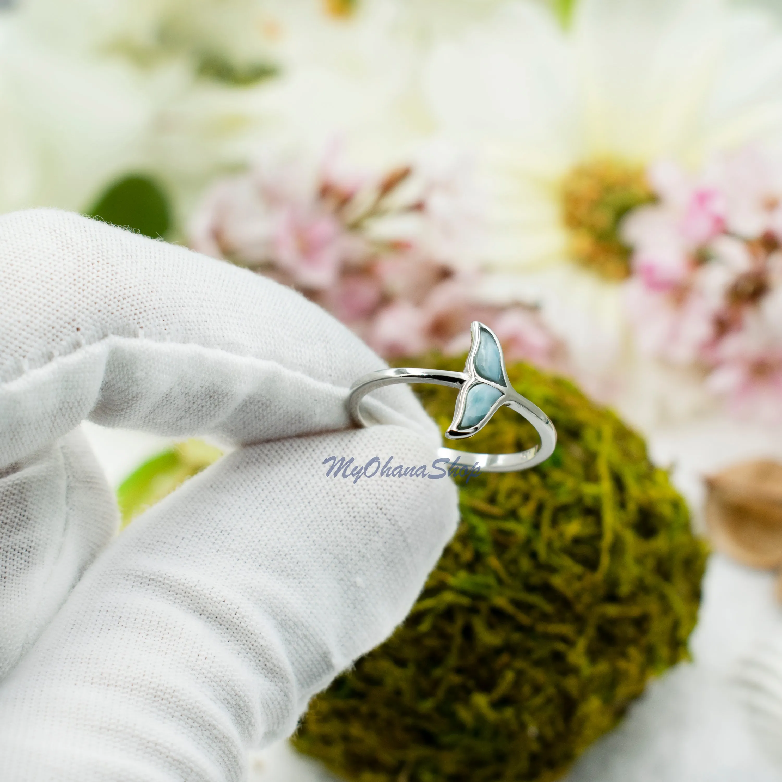 925 Sterling Silver Whale Tail Ring With Genuine Larimar Inlay. Orca Whale Tail Ring For Pinky, Index, Thumb, Ring Finger. Sea Life Jewelry.