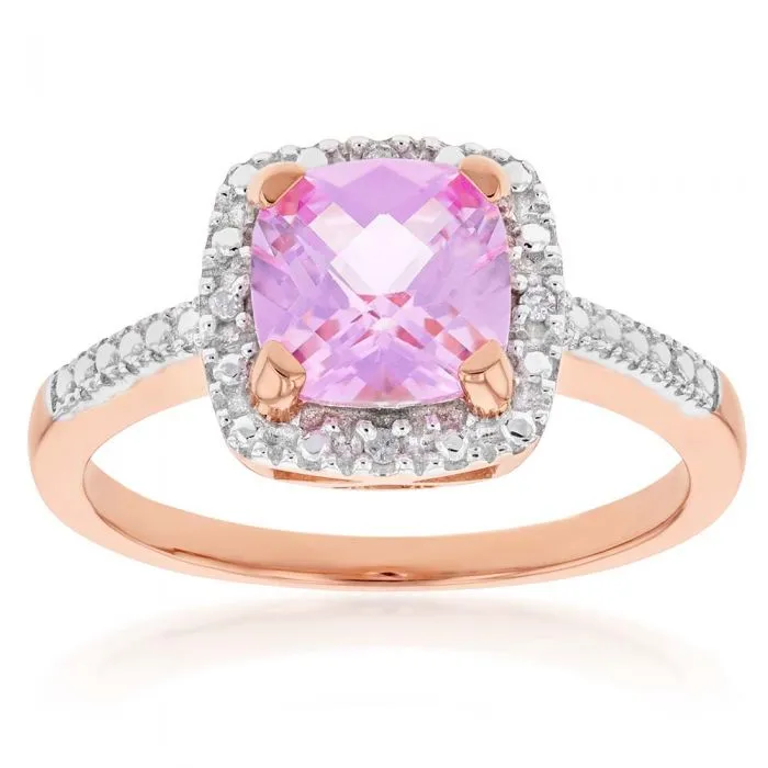 9ct Rose Gold Created Peach Sapphire and Diamond Accented Cushion Cut Ring