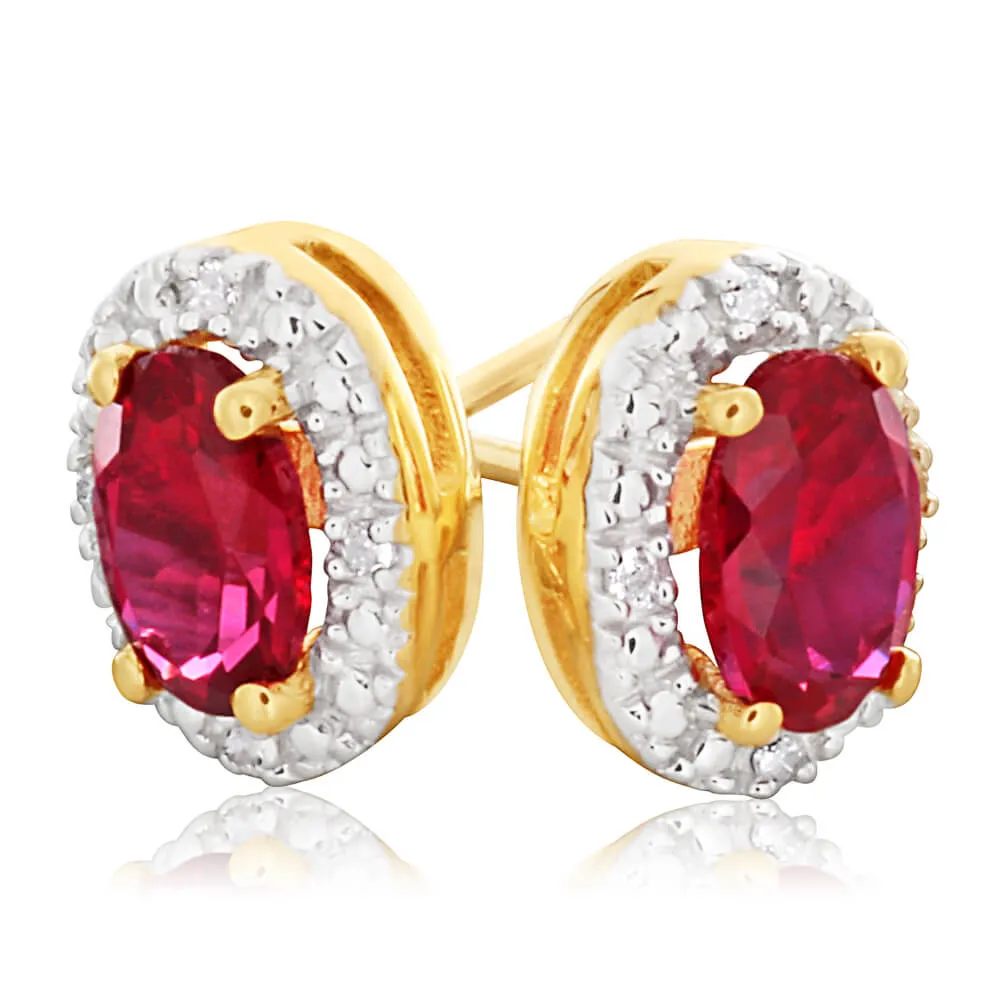 9ct Yellow Gold Created Ruby   Diamond Stud Earrings