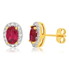 9ct Yellow Gold Created Ruby   Diamond Stud Earrings