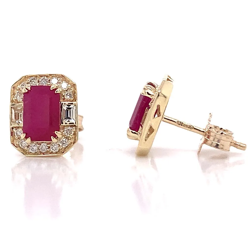 9ct Yellow Gold Earth Grown 1.40ct Ruby,White Sapphire And 0.14ct Diamond Earrings