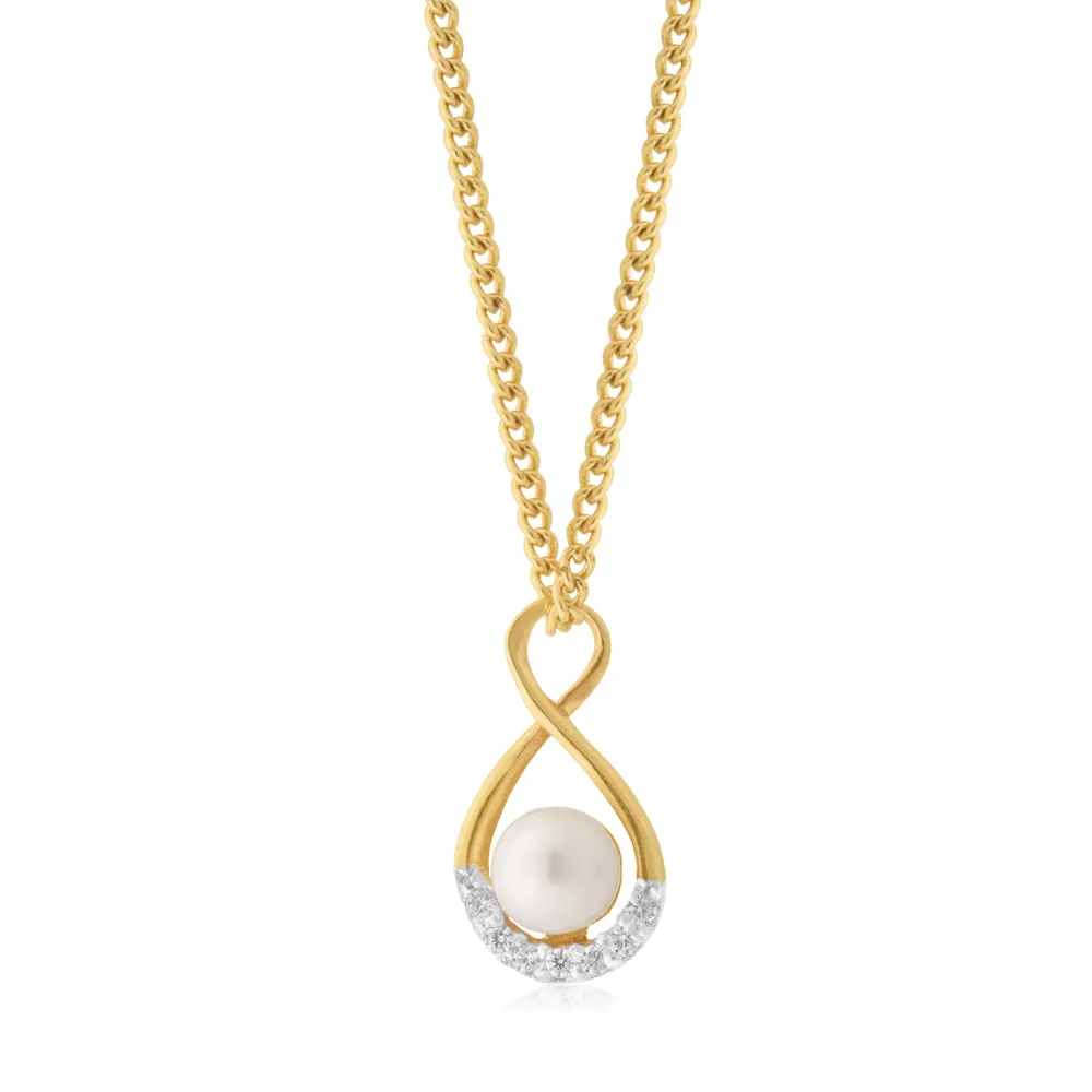 9ct Yellow Gold Fresh Water Pearl & Zirconia Infinity Pendant