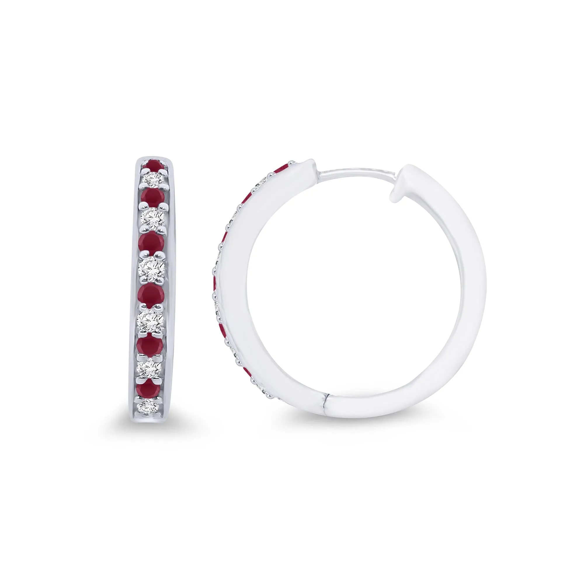 9K White Gold Ruby & Diamond Hoop Earrings