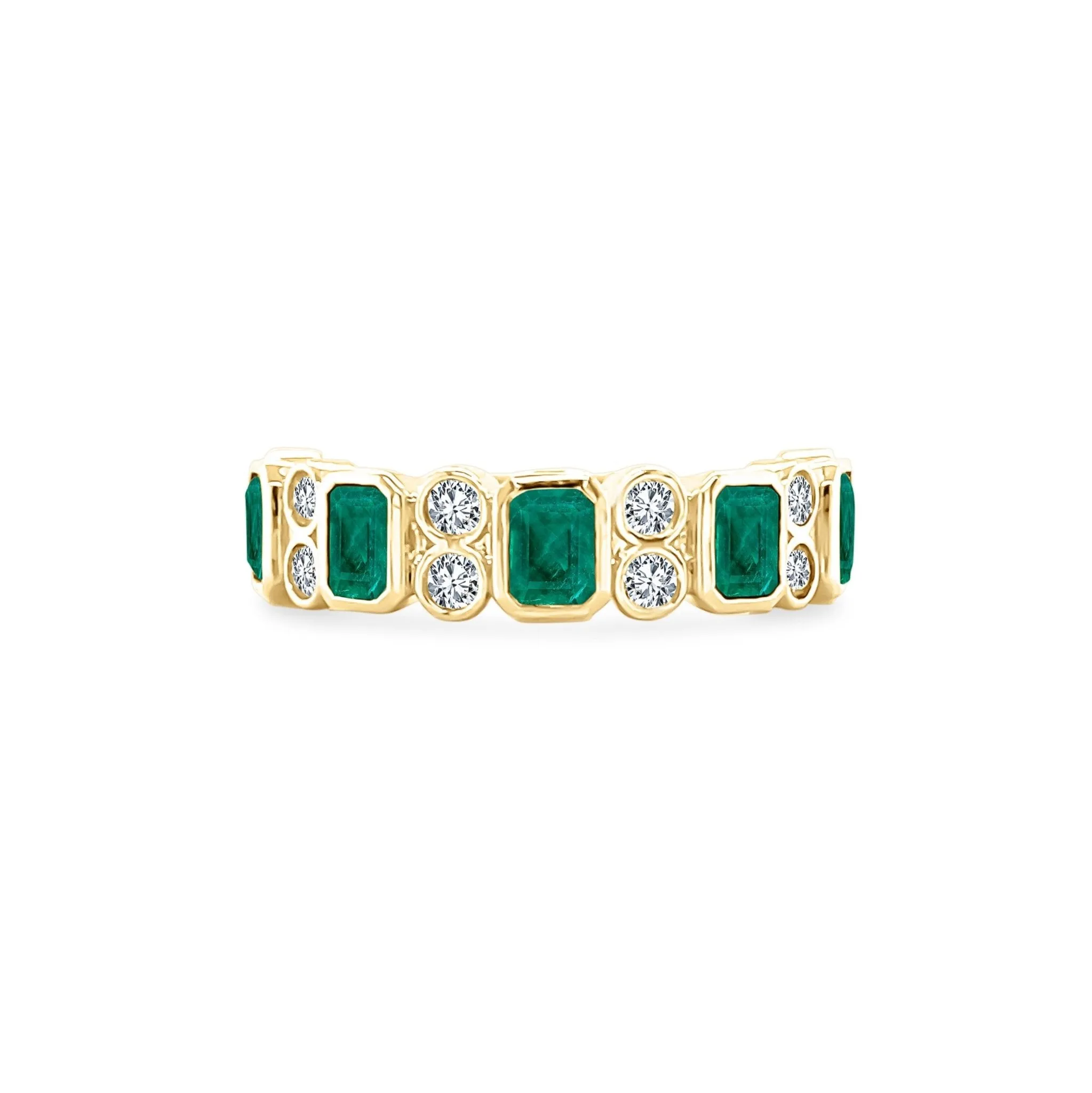 Alternating Emerald Cut Emerald & Double Diamond Bezel Band