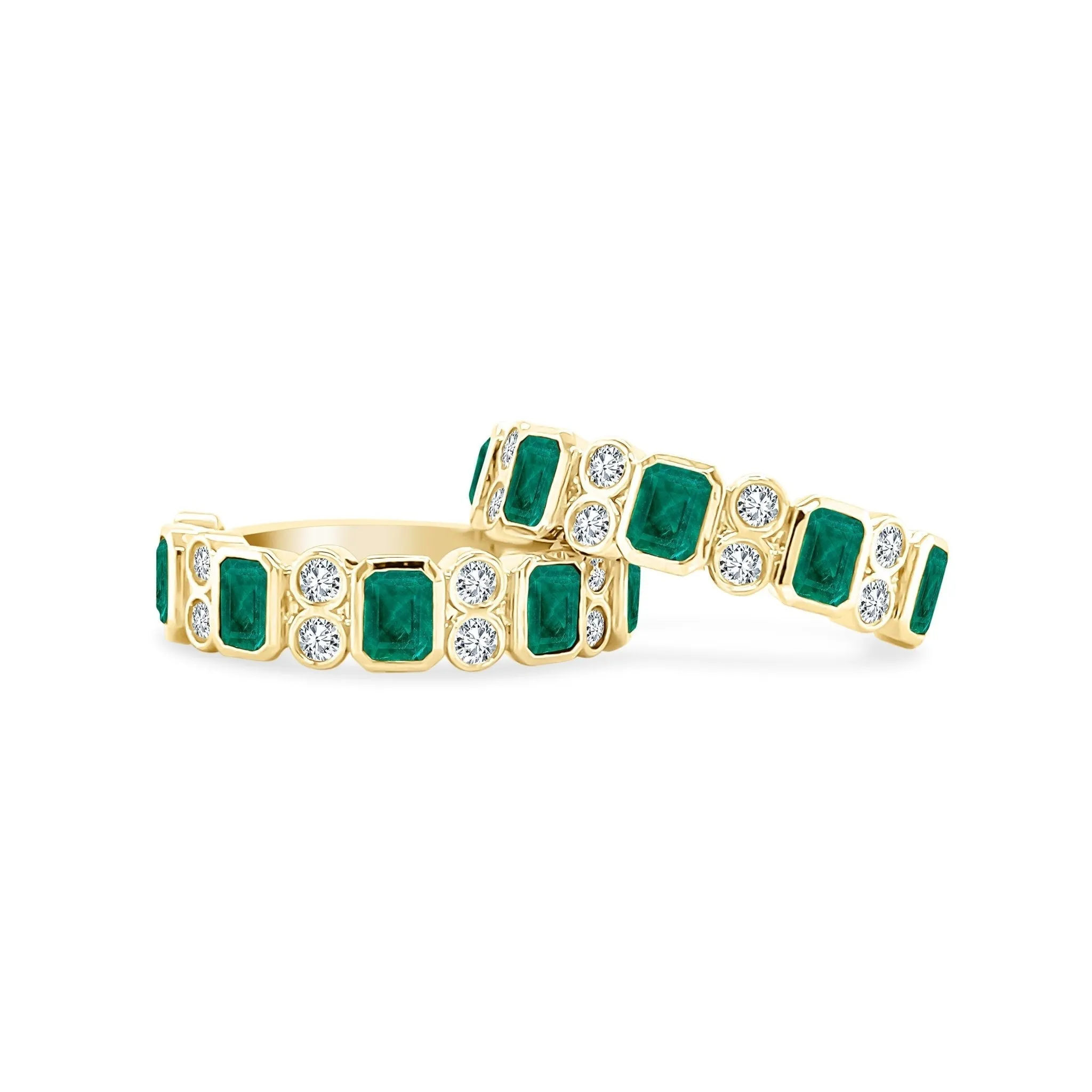 Alternating Emerald Cut Emerald & Double Diamond Bezel Band