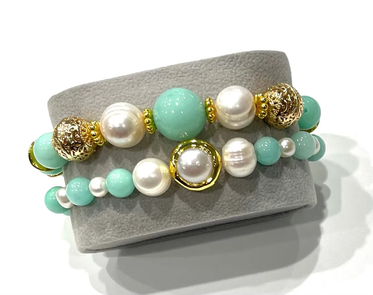 Amazonite & Pearl Gemstone Gold Bracelet Set