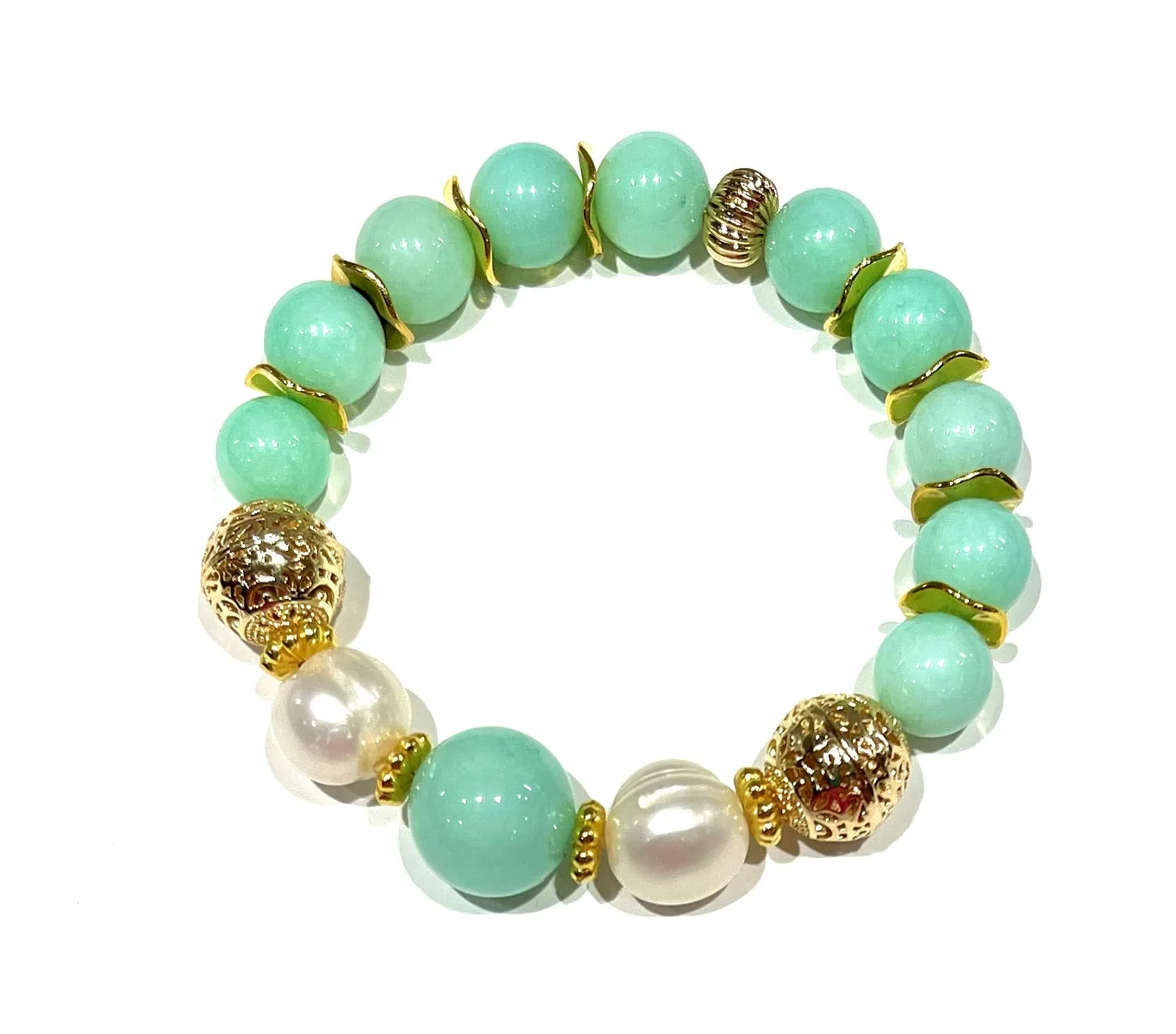 Amazonite & Pearl Gemstone Gold Bracelet Set