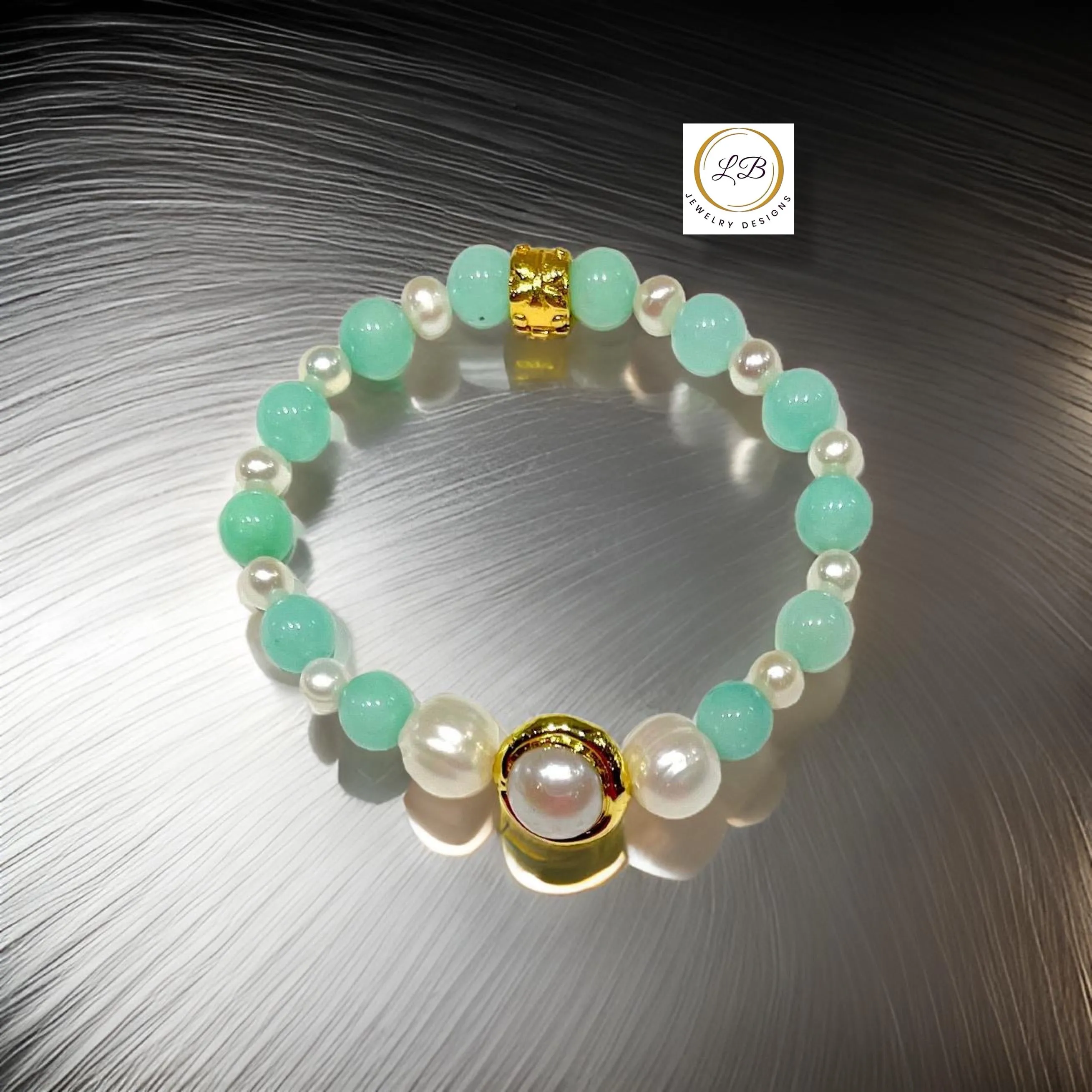 Amazonite & Pearl Gemstone Gold Bracelet Set