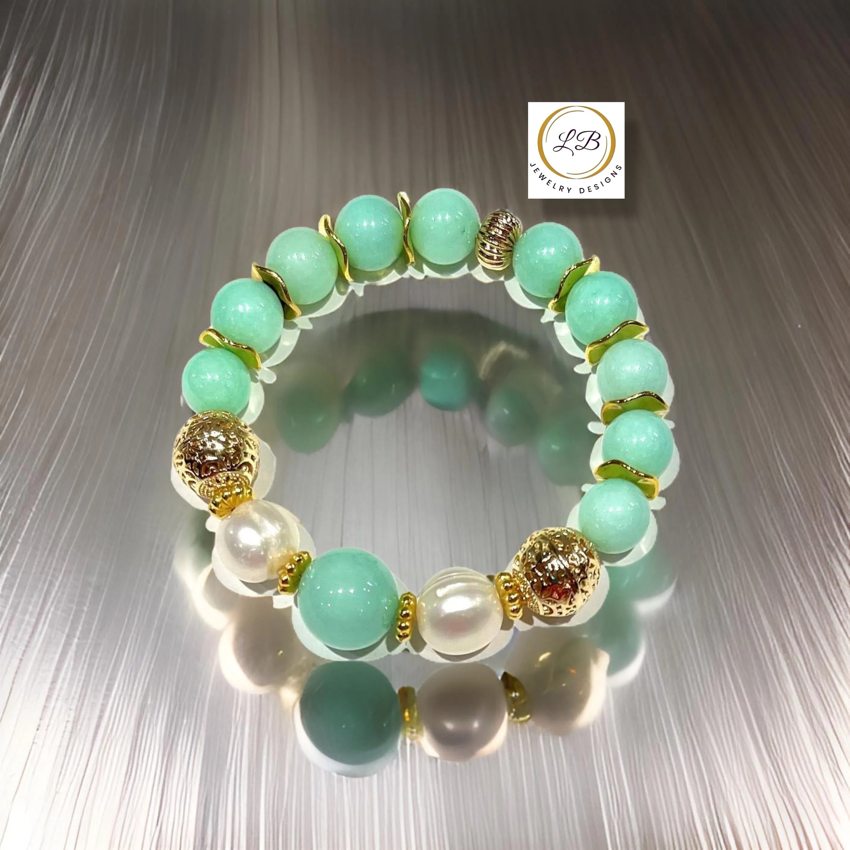 Amazonite & Pearl Gemstone Gold Bracelet Set