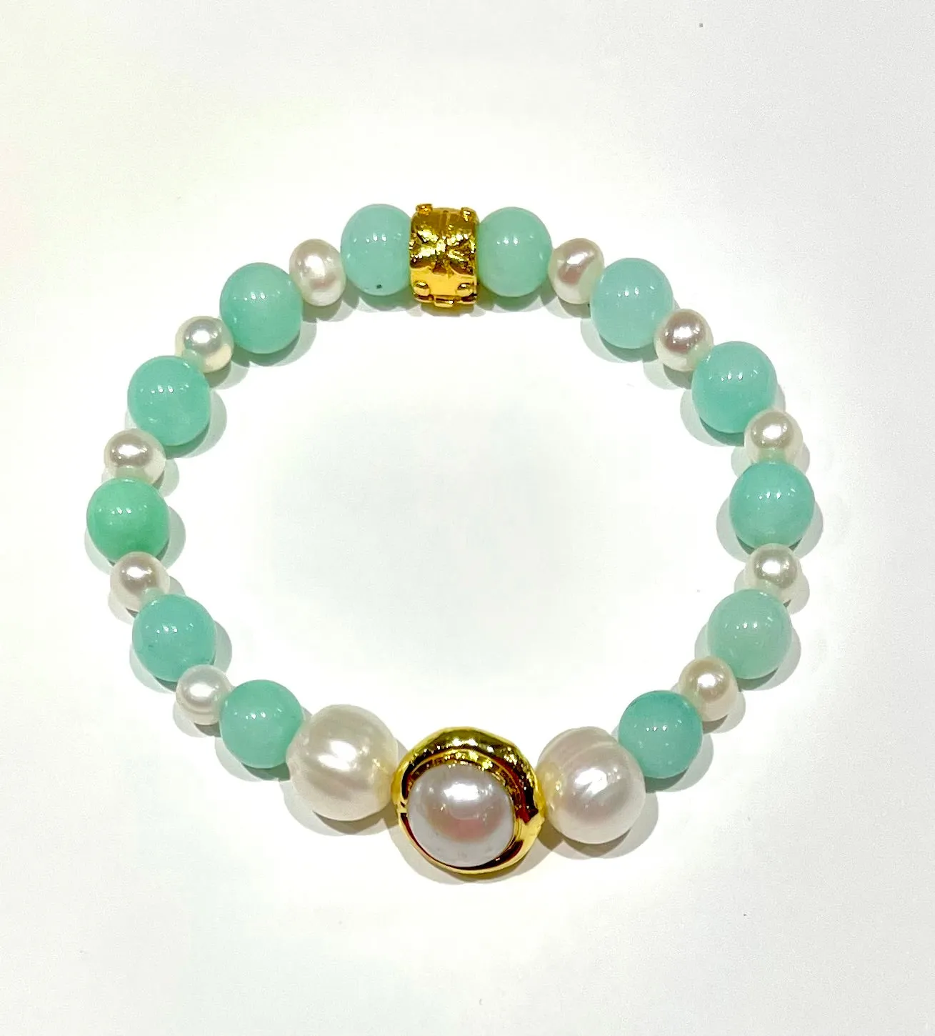 Amazonite & Pearl Gemstone Gold Bracelet Set