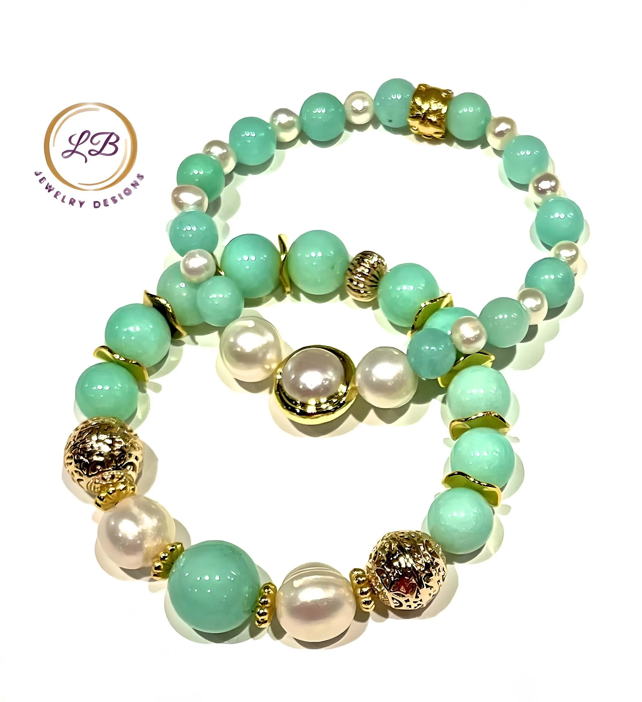 Amazonite & Pearl Gemstone Gold Bracelet Set