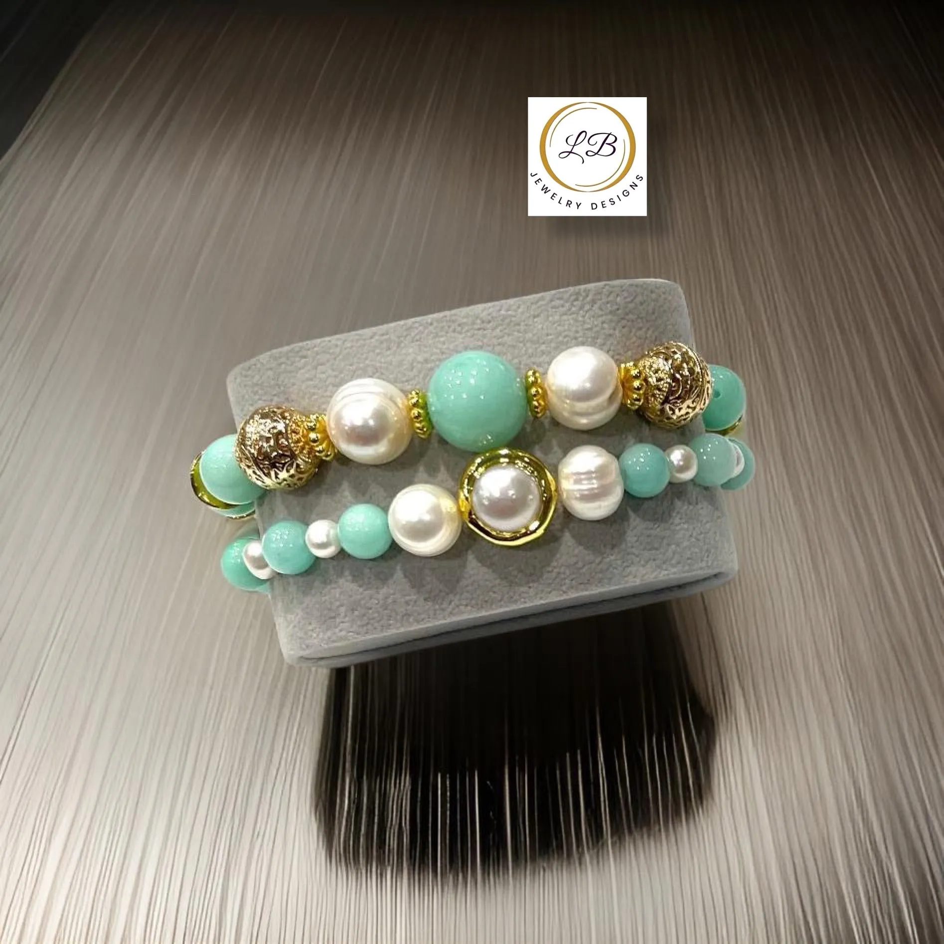 Amazonite & Pearl Gemstone Gold Bracelet Set