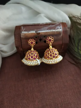 Antique Kemp Stone Jhumki With White Pearls