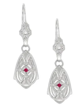 Art Deco Dangling Sterling Silver Ruby and Diamond Filigree Earrings