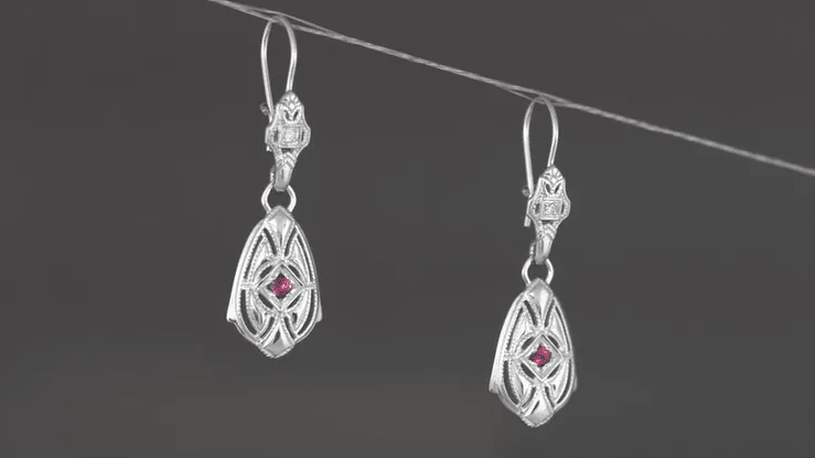 Art Deco Dangling Sterling Silver Ruby and Diamond Filigree Earrings