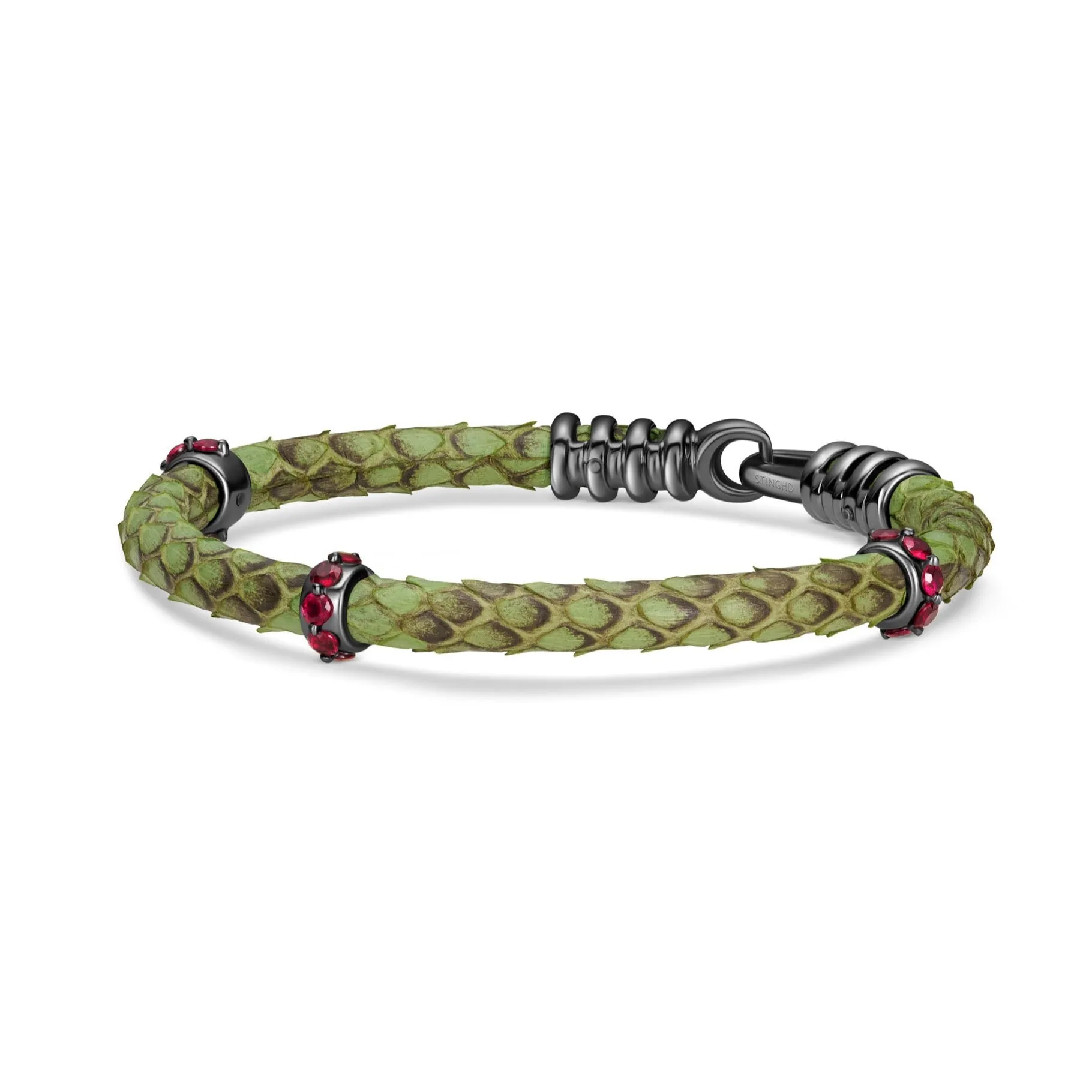 B425P Black Platinum & Ruby Green Python Bracelet