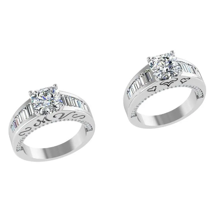 Baguette and round diamonds Engraved Ring