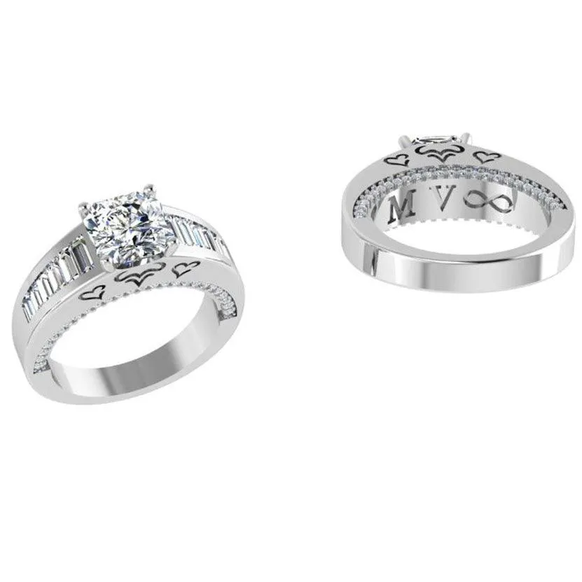 Baguette and round diamonds Engraved Ring