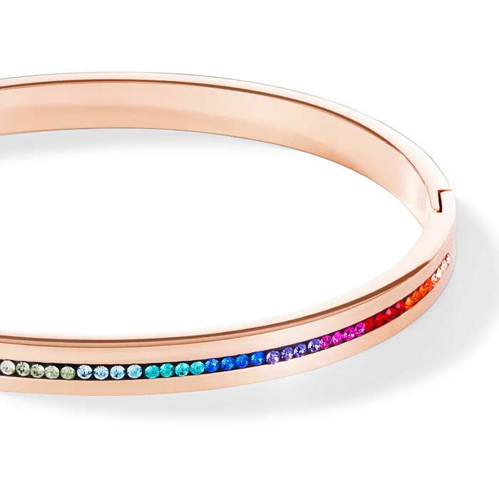 Bangle stainless steel rose gold & crystals pavé strip multicolour