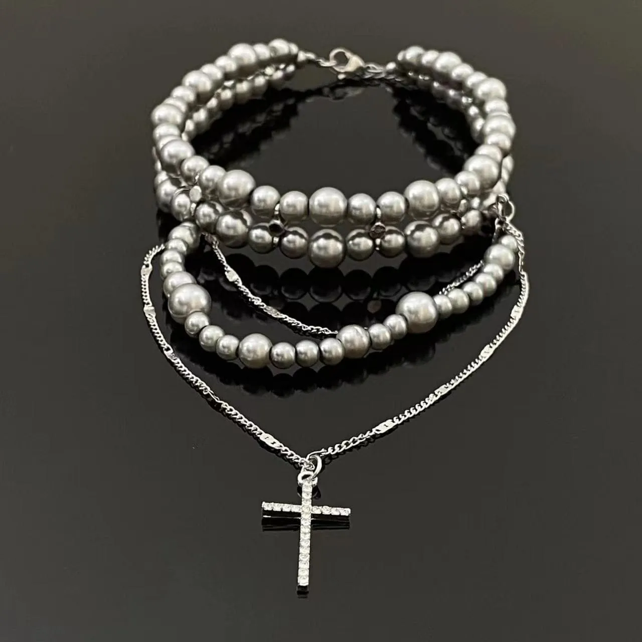 Beaded layered cross choker necklace