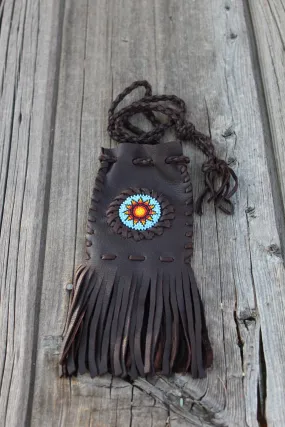 Beaded medicine bag, beaded sunflower necklace bag