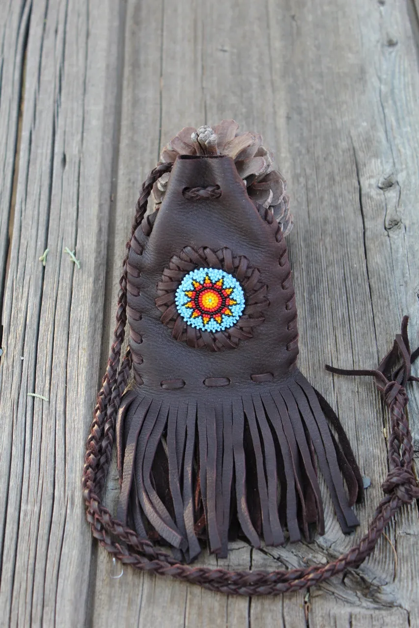 Beaded medicine bag, beaded sunflower necklace bag