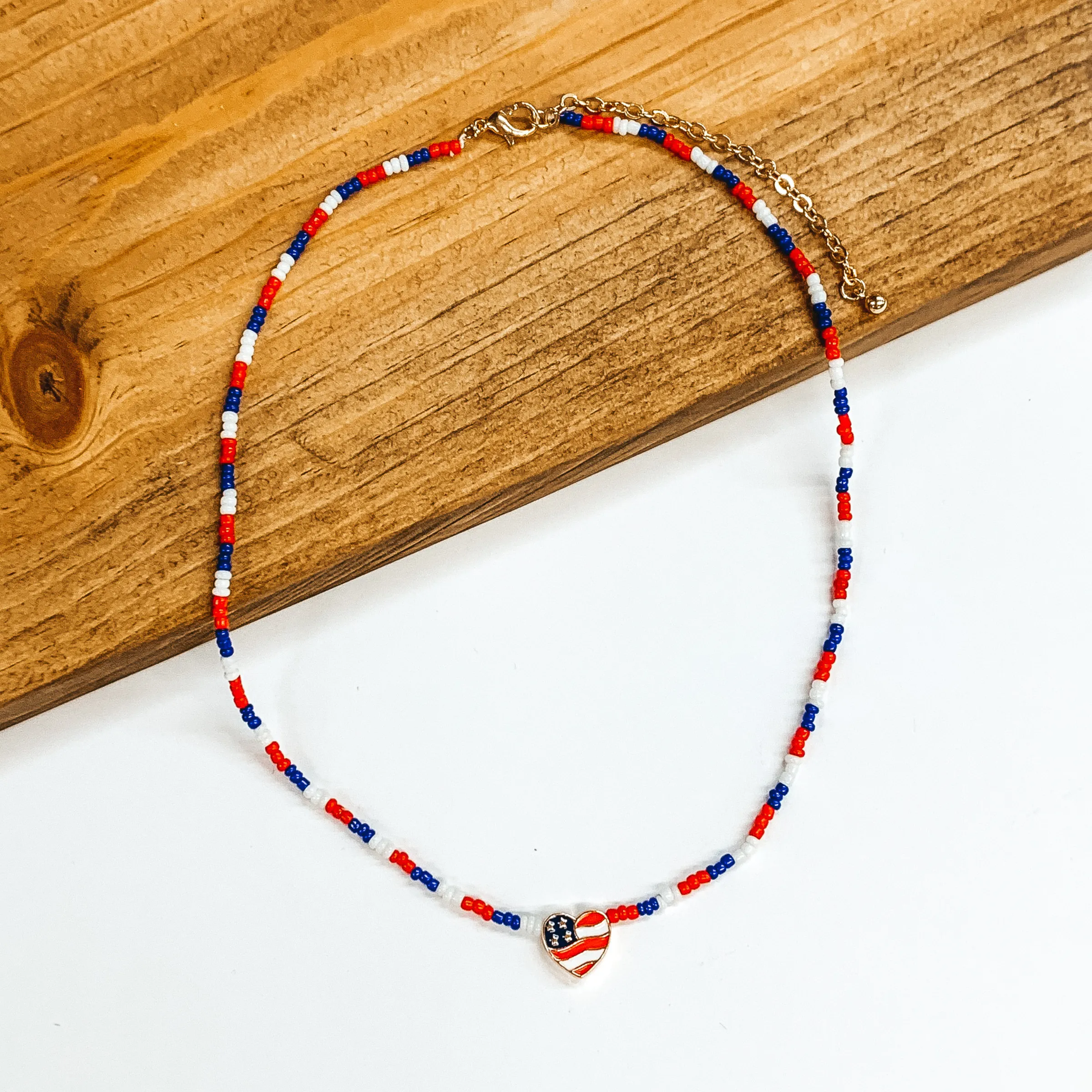 Beaded Necklace in White, Blue, Red with Heart Flag Charm