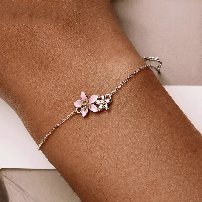 Beautiful Cherry Blossom Bracelet Adjustable Silver Snake Chain Link