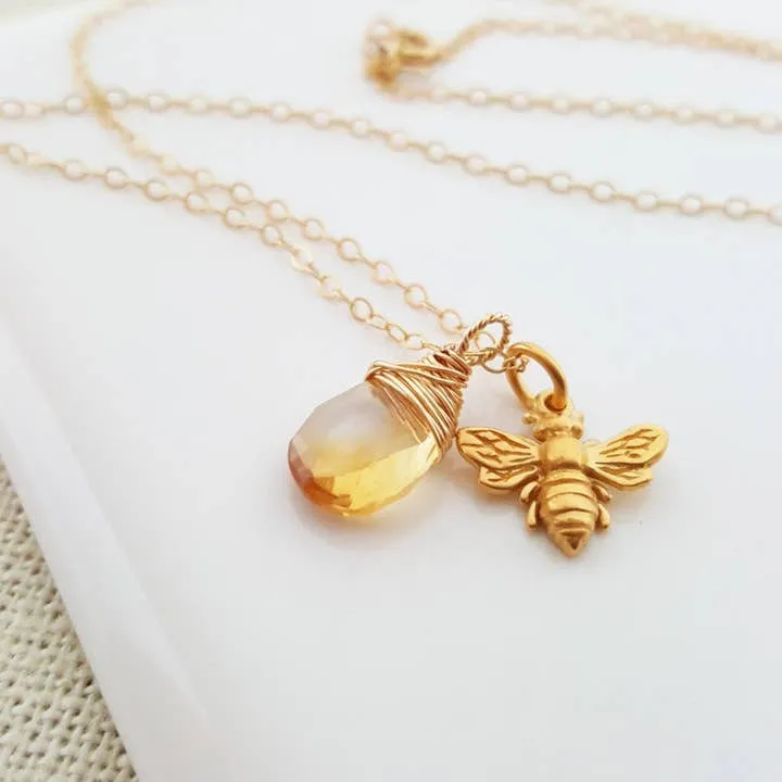 Bee and Citrine Honey Drop Necklace