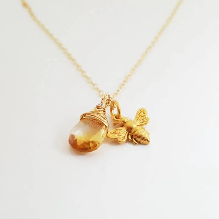 Bee and Citrine Honey Drop Necklace