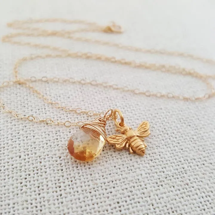 Bee and Citrine Honey Drop Necklace