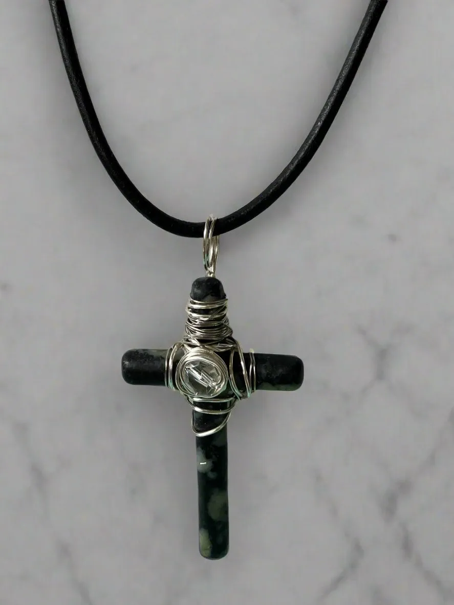 Black Agate Cross Wire-wrapped with Silver Wire