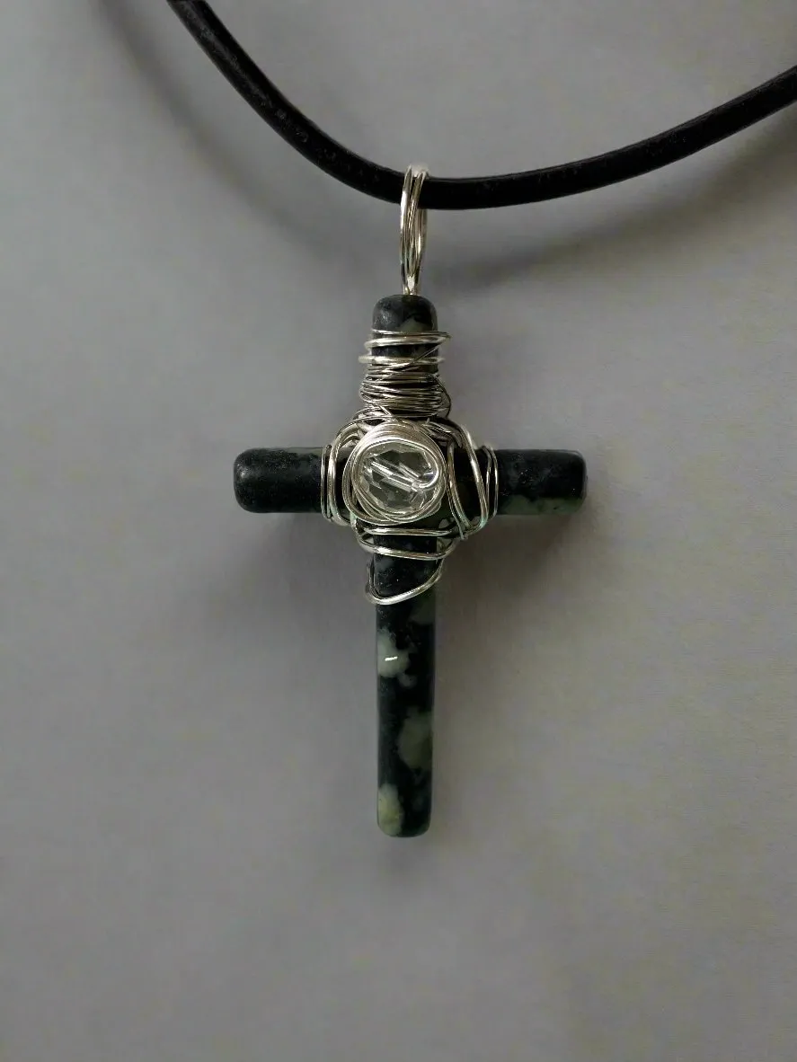 Black Agate Cross Wire-wrapped with Silver Wire