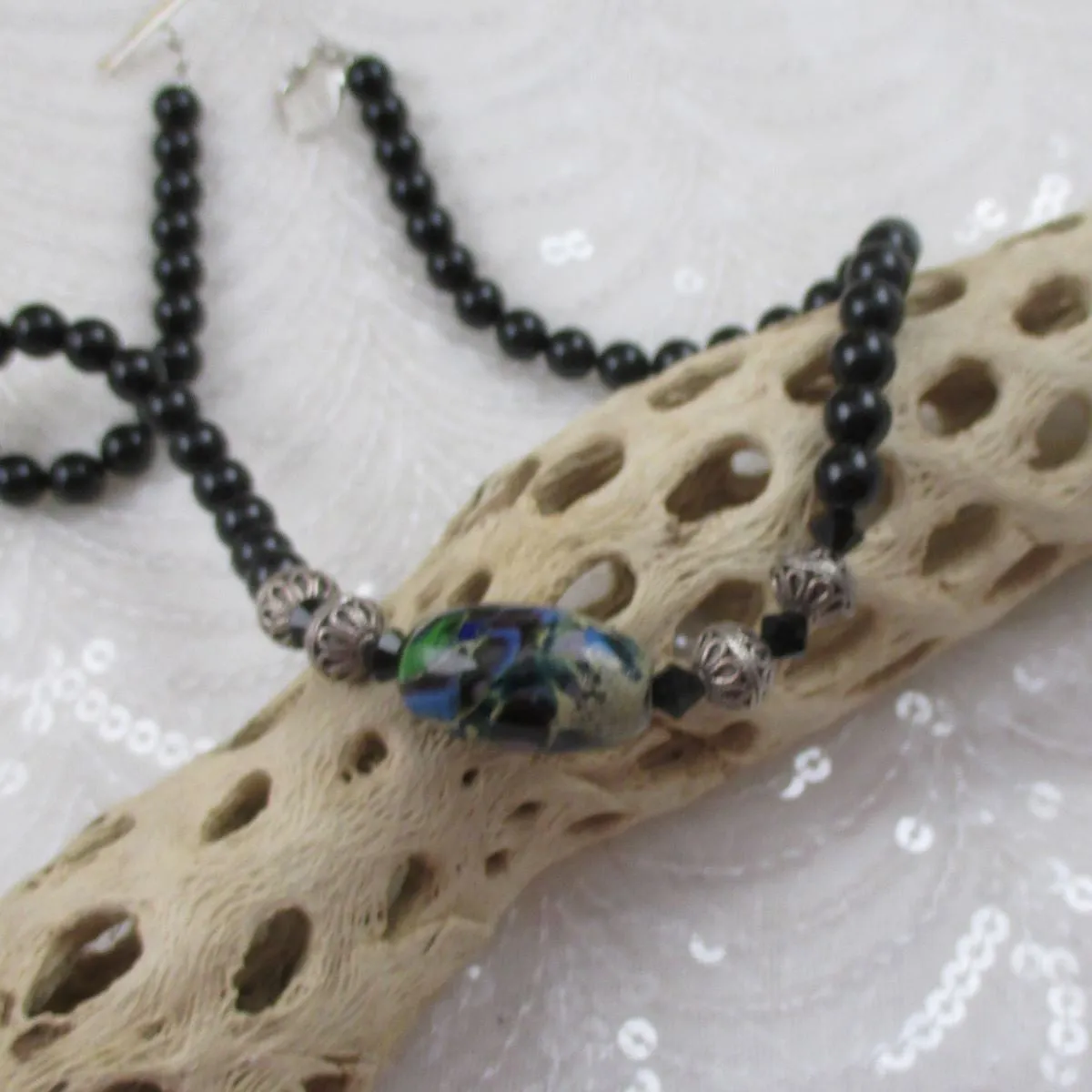 Black Handmade Swirled Artisan Bead and  Black Pearl Necklace