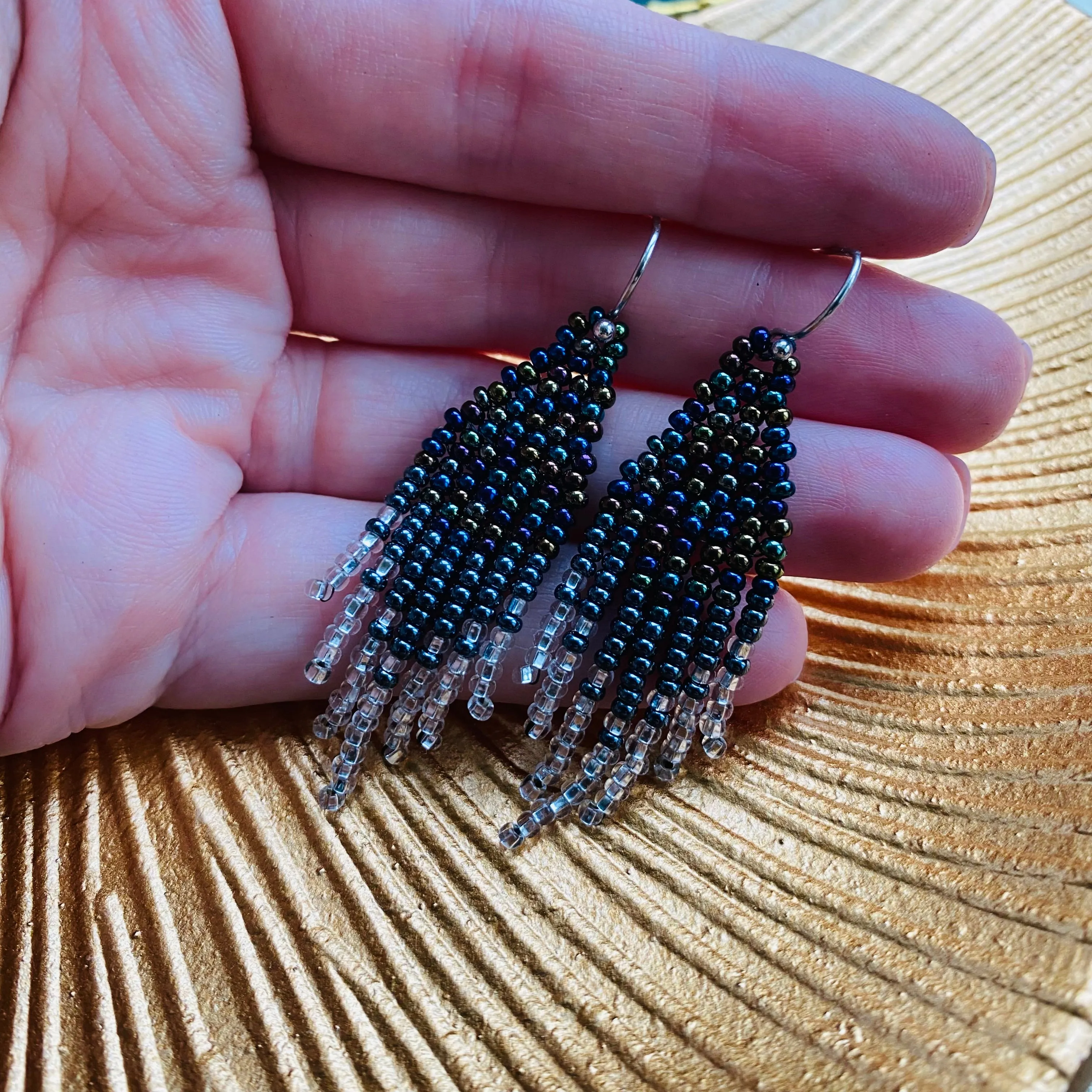 Black silver Seed Bead Earrings for women. Short Chandelier Earrings, Dainty Unique earrings with fringe. Cute ombre earrings. Earrings Navy Blue Silver beaded.