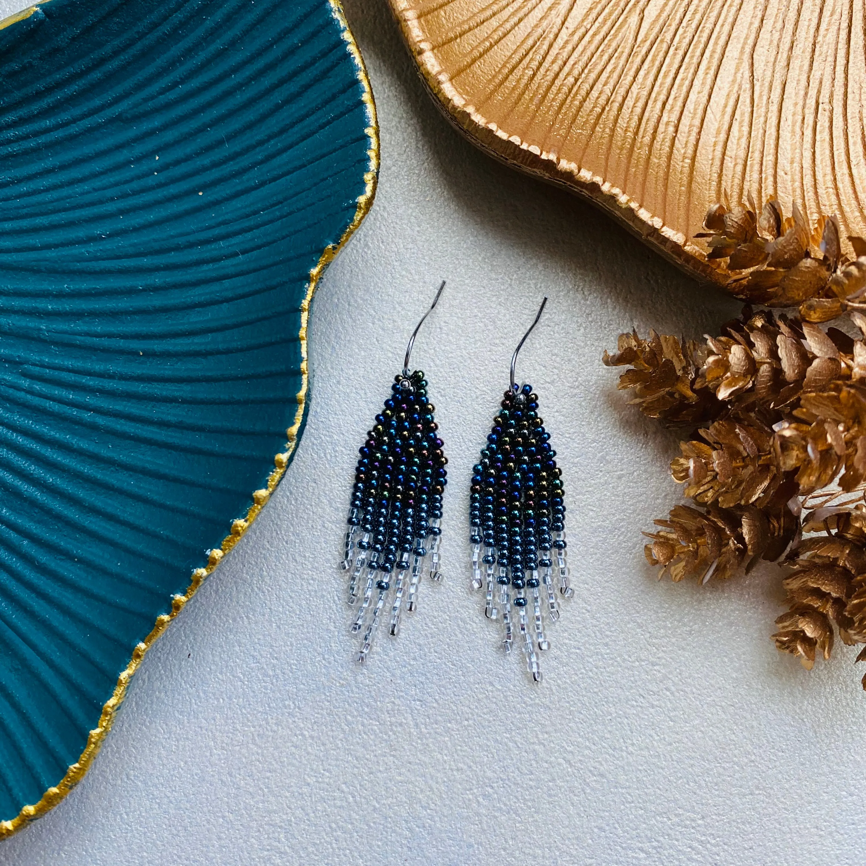 Black silver Seed Bead Earrings for women. Short Chandelier Earrings, Dainty Unique earrings with fringe. Cute ombre earrings. Earrings Navy Blue Silver beaded.