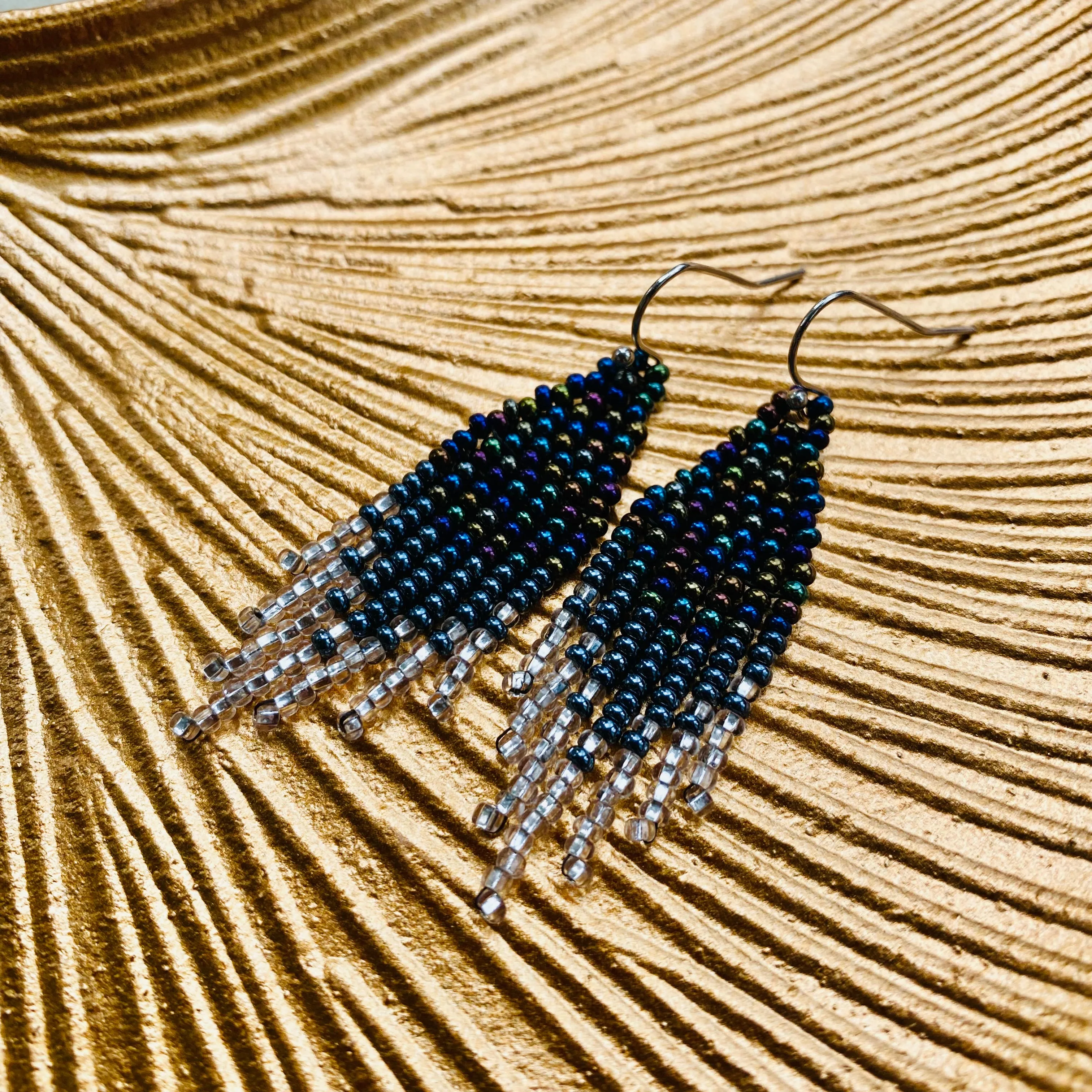 Black silver Seed Bead Earrings for women. Short Chandelier Earrings, Dainty Unique earrings with fringe. Cute ombre earrings. Earrings Navy Blue Silver beaded.