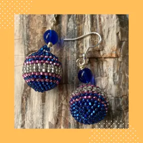 Blue, pink and silver Ball Earrings