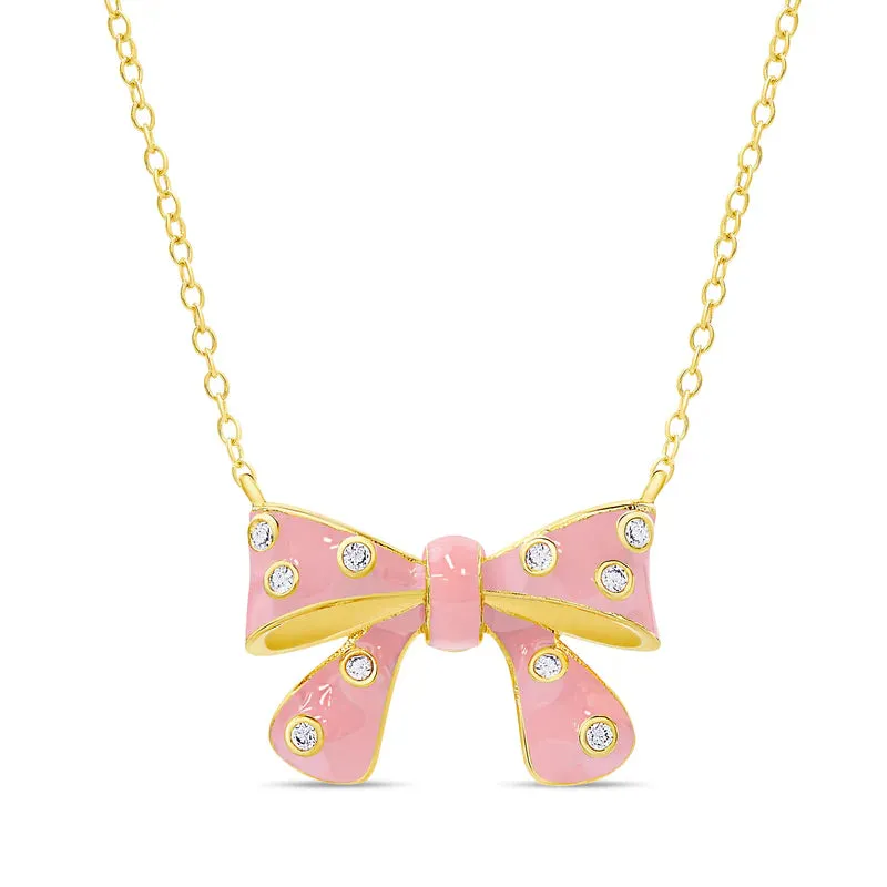 Bow Necklace with CZ- Pink