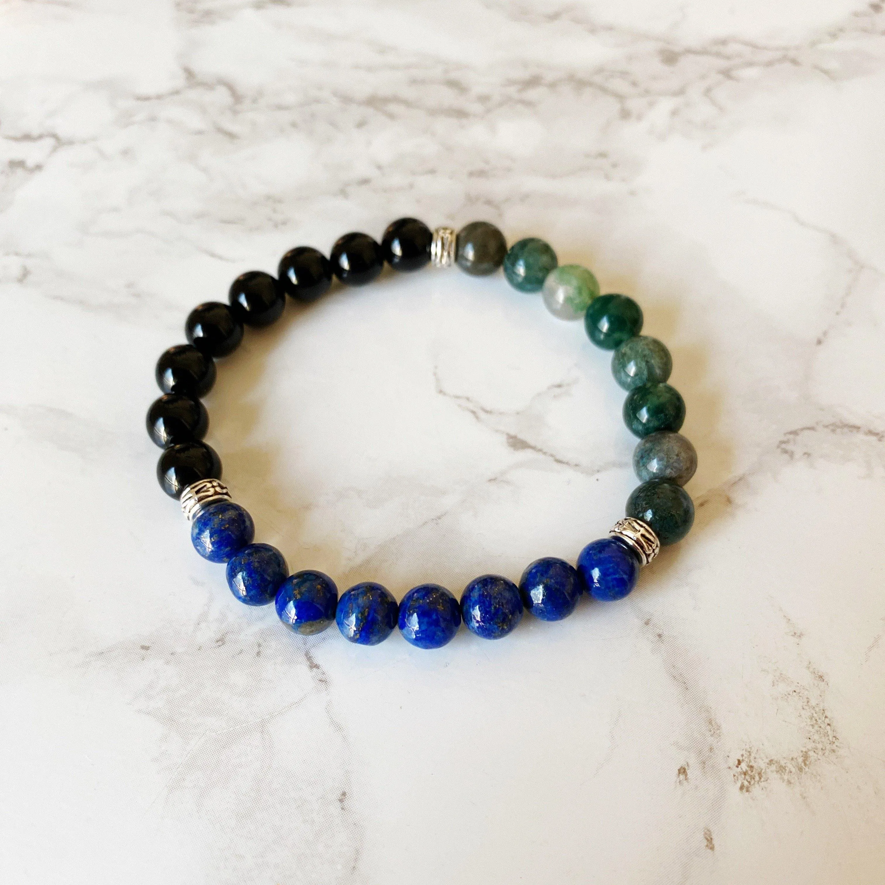 Bracelet  Black Onyx, Lapis Lazuli Agate and Moss      ID A114 - 1114