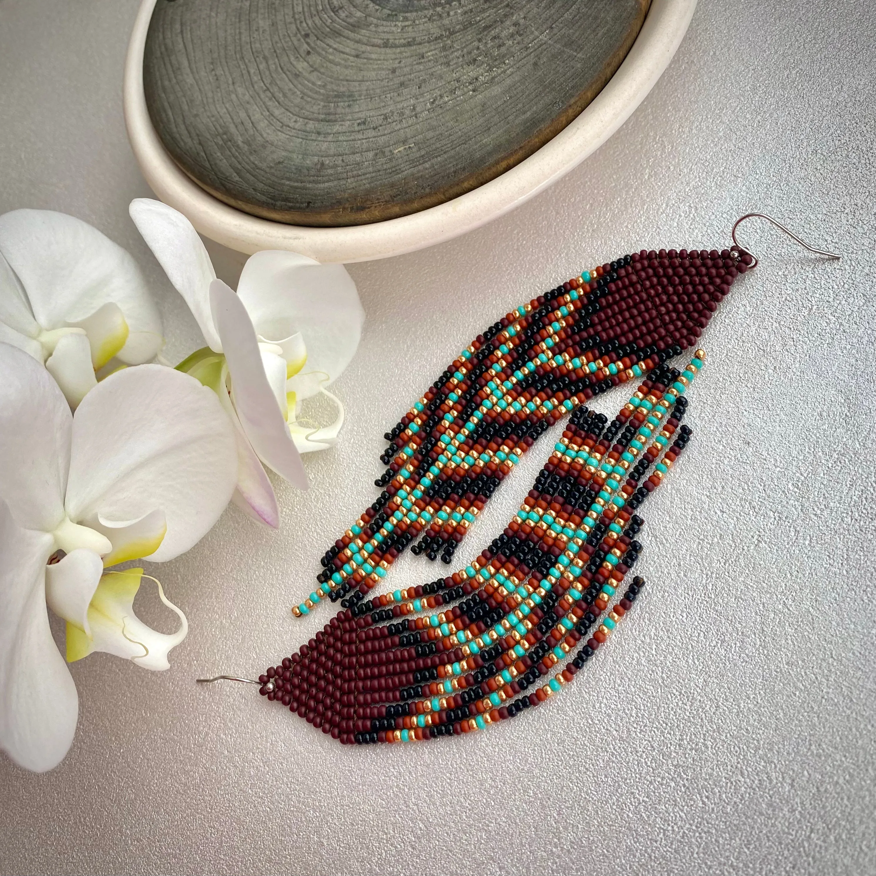 Brown Gold Turquoise Seed Bead Feather Earrings, Earthy Fringe Chandelier Earring, Very Long Dangle Western Earring