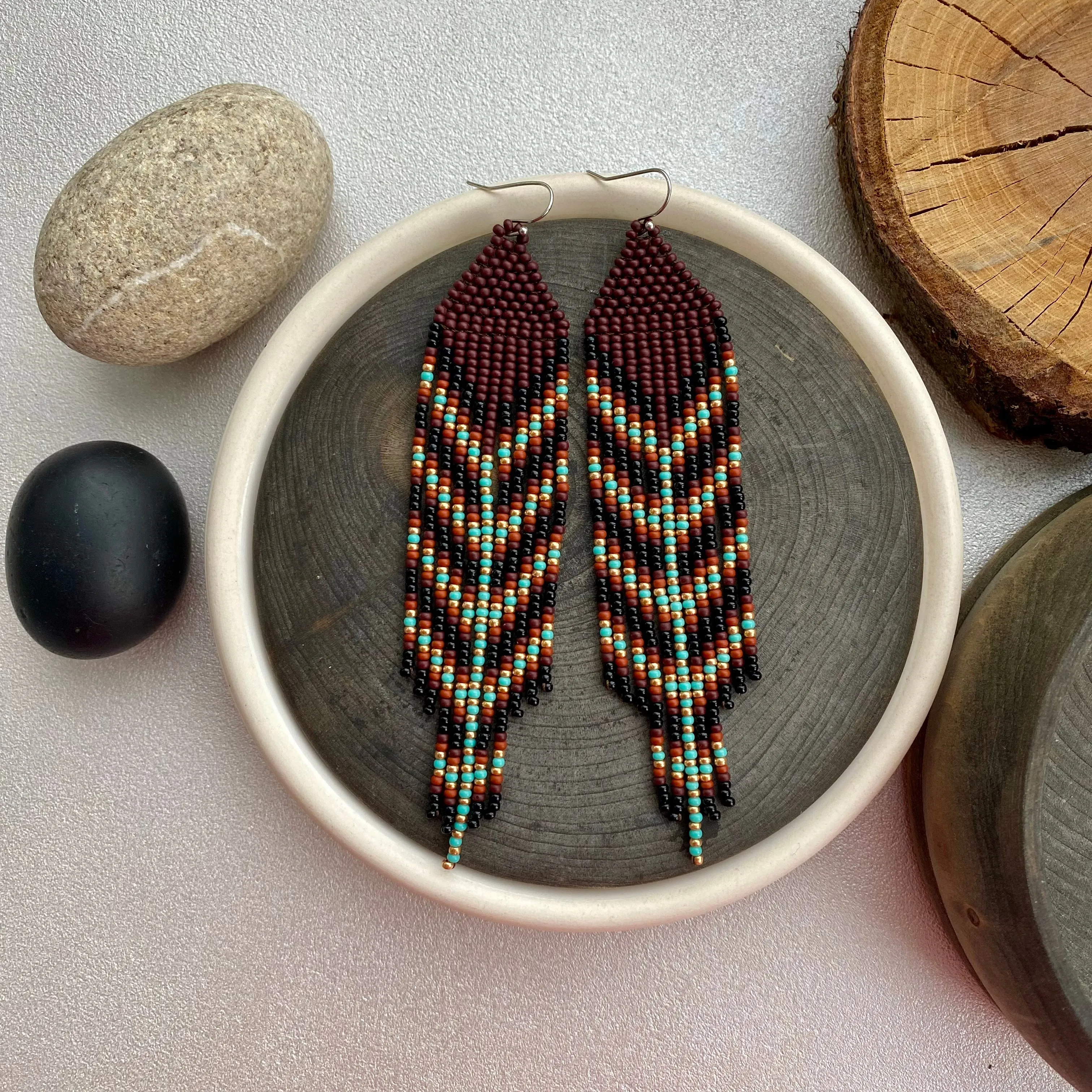 Brown Gold Turquoise Seed Bead Feather Earrings, Earthy Fringe Chandelier Earring, Very Long Dangle Western Earring