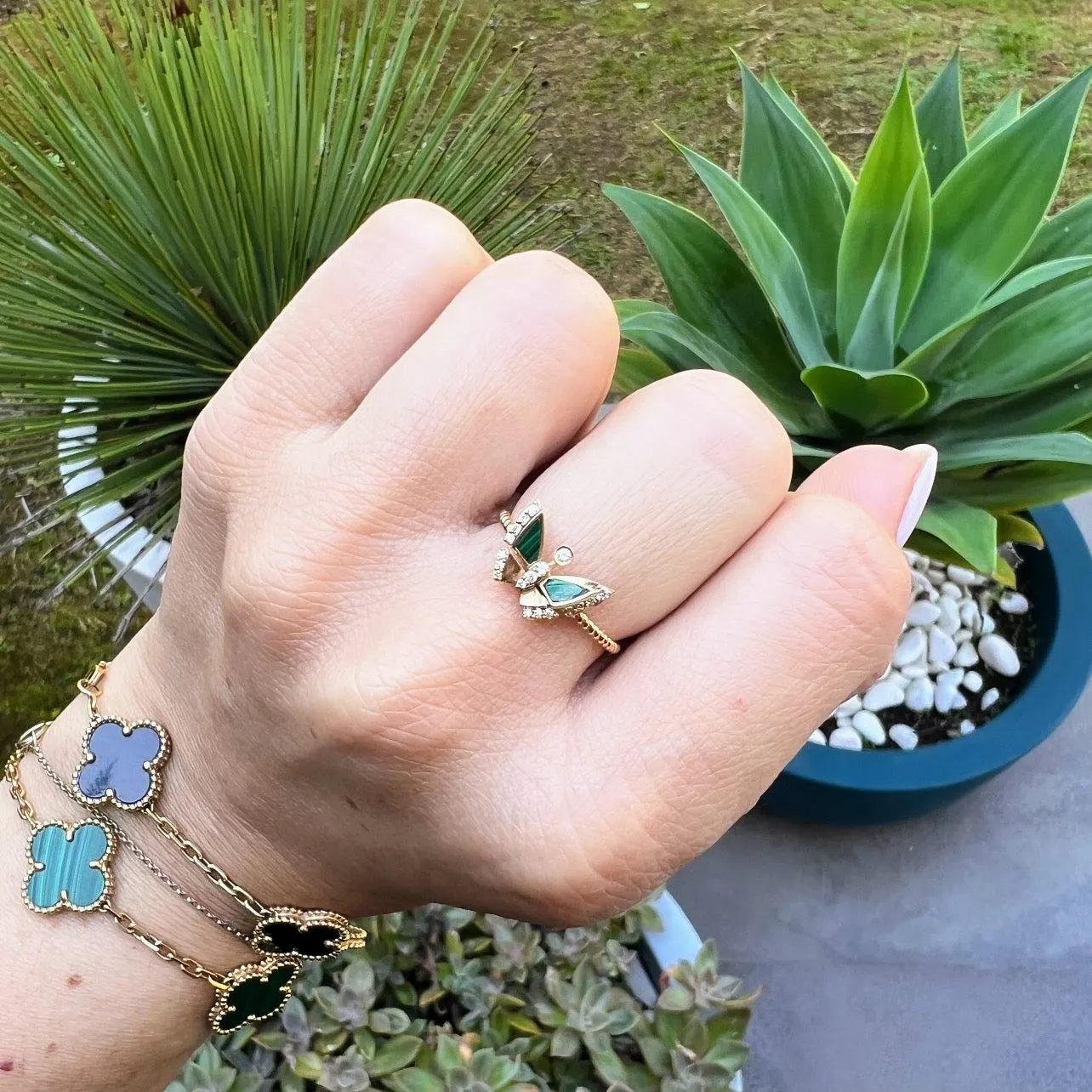 Butterfly Malachite and Diamond Ring