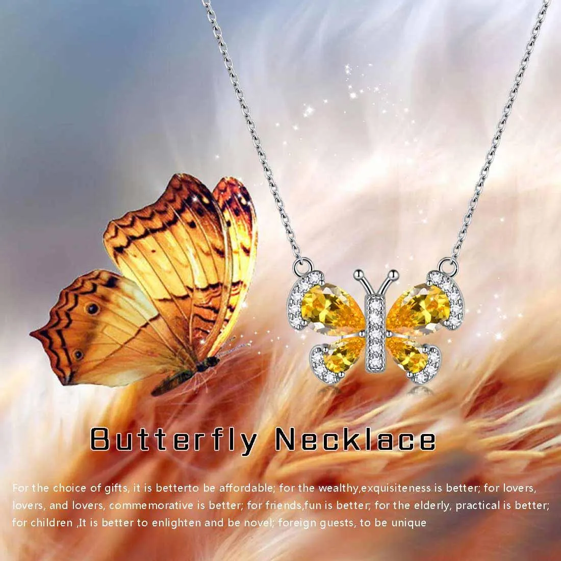 Butterfly Necklace Birthstone November Citrine Pendant Women Girls Jewelry Birthday Gift