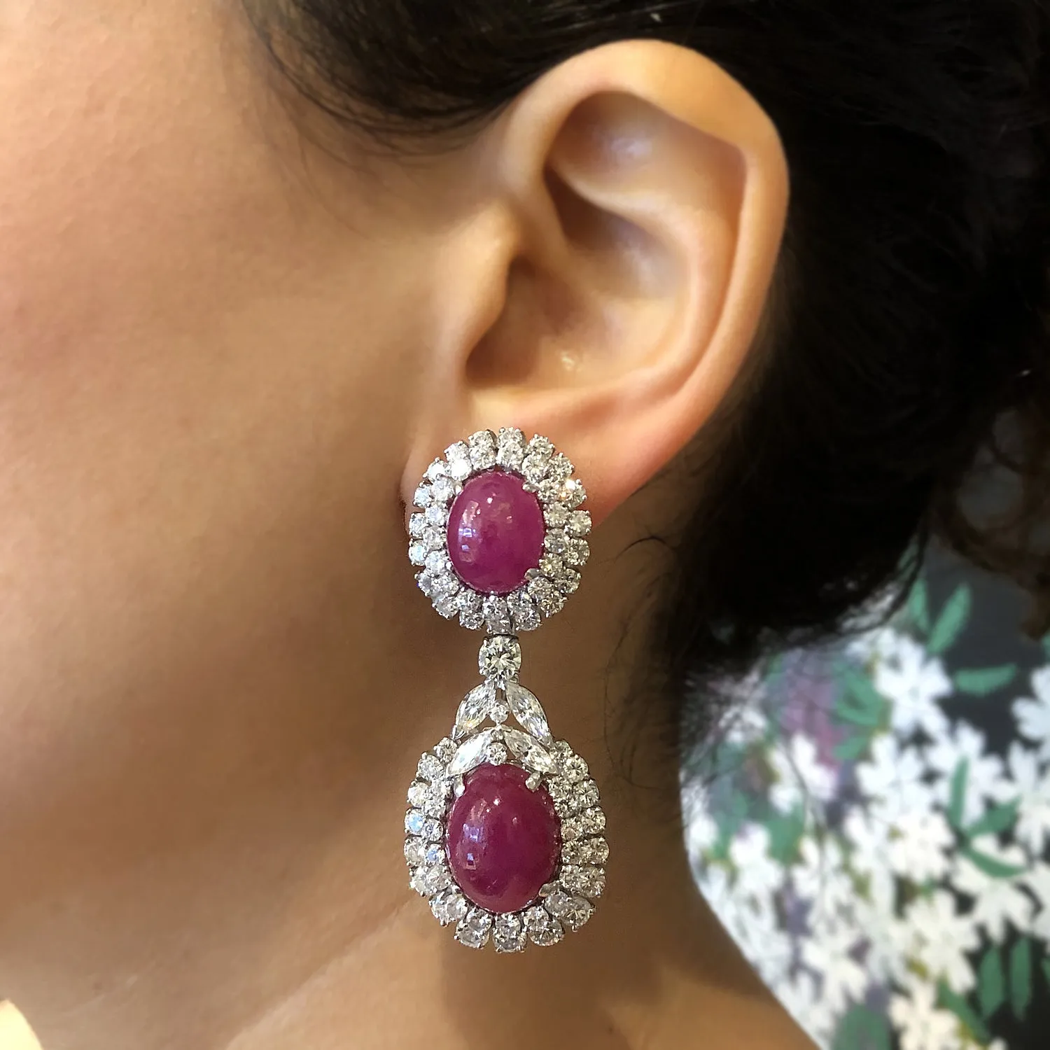 Cabochon Ruby Diamond Gold Detachable Drop Earrings