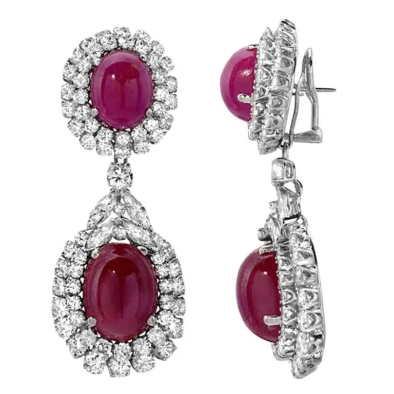 Cabochon Ruby Diamond Gold Detachable Drop Earrings