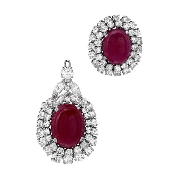 Cabochon Ruby Diamond Gold Detachable Drop Earrings