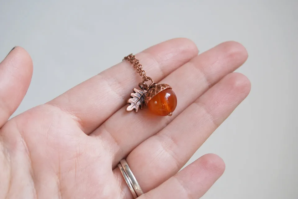 Carnelian and Copper Acorn Necklace | Gemstone Acorn Charm Necklace | Cute Autumn Necklace | Nature Jewelry